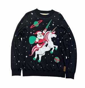 Tipsy Elves Men’s L Black Crew Neck Knit Pullover Santa Unicorn Sweater